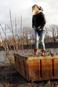Tempting Blonde Squatting To Pee By The Watershed