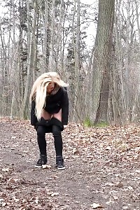 Blonde Honey Squatting To Pee Outdoors In The Woods