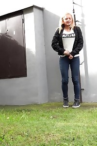 Good-looking Blonde Pisses Next To A Busy Road